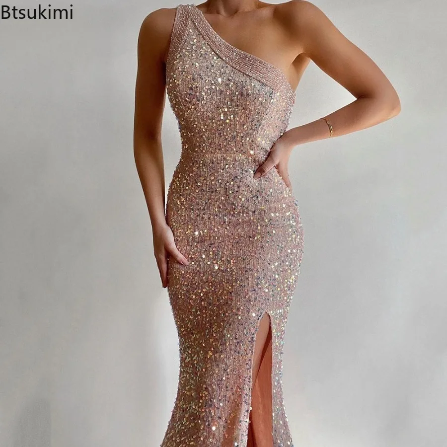 

Sexy Single Shoulder Bodycon Slit Maxi Dress Women's Fashion Sequin Backless Party Evening Dresses Elegant Glitter Vestido Femme