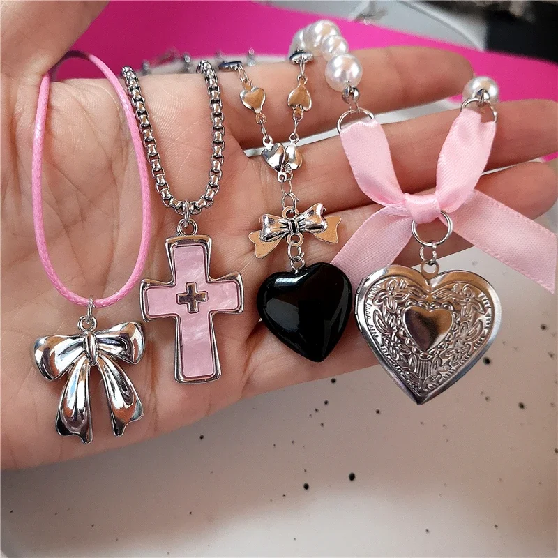 Goth Y2K Pink Cross Bowknot Heart Pendant Beads Choker Neck Necklace For Women Trendy 2024 Fashion Charms Jewelry Accessories