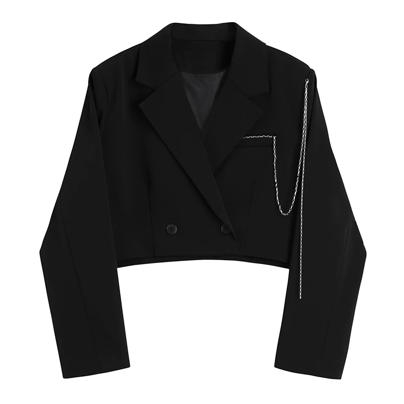 

2024 Spring Women Short Black Suit Jacket Casual Vintage Notched Collar Long Sleeve Chain Female Blazer Outwear Jaqueta Feminina