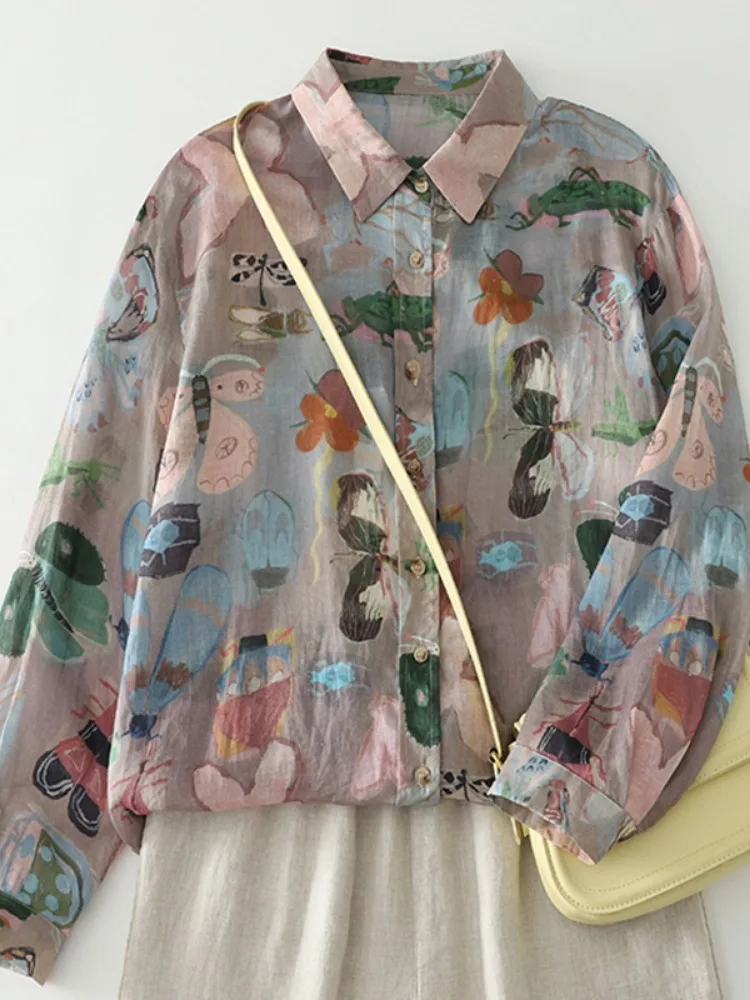 Elegant Age-Defying Hand-Painted Print Linen Shirt Women's Long Sleeve Autumn Outerwear Beautiful Young Looking Top