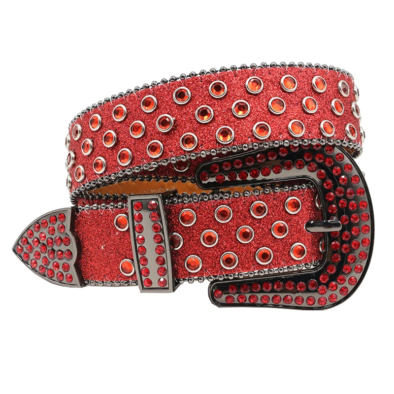 men fashion red rhinestone belts diamond inlay studded belt pin buckle soft leather waistband stage performance womens strapon