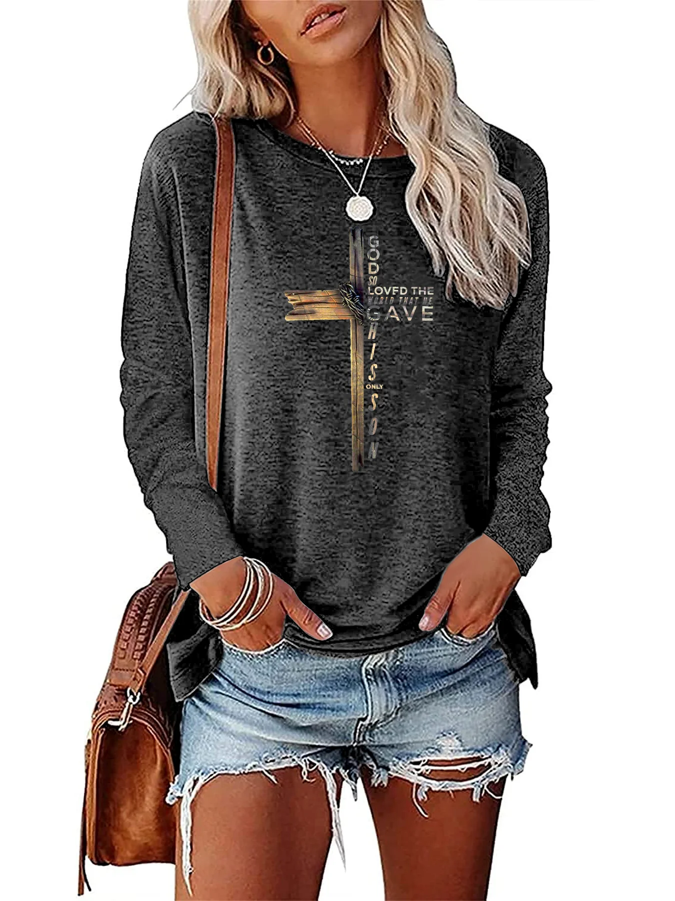 Half Wooden Frame Half Letter Casual Comfortable Women\'s Versatile Colored Cotton Long Sleeve T-shirt