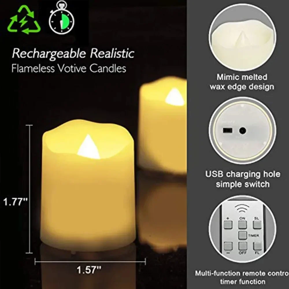 6Pcs Modern Simple Flameless Candle Lights Rechargeable Remote Control LED Candle Tea Light  for Wedding Valentine Home Party