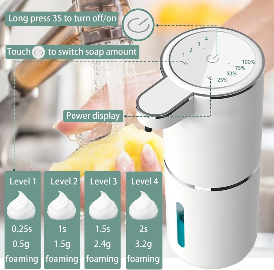 USB Rechargeable Automatic Soap Dispenser, 380ml Touchless Sensor Foaming for Kitchen Bathroom, 4-Level Adjustable