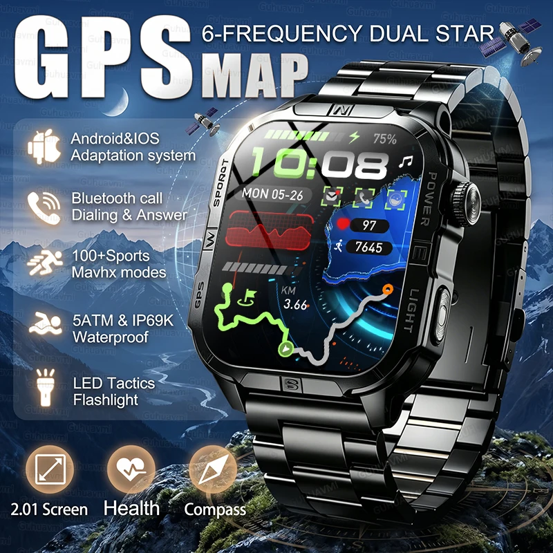 

Новые смарт-часы 2026 года с GPS-трекером, водонепроницаемые (5ATM), для спорта, бега, туризма, активного отдыха, с компасом, фонариком, Bluetooth-звонками, военные смарт-часы