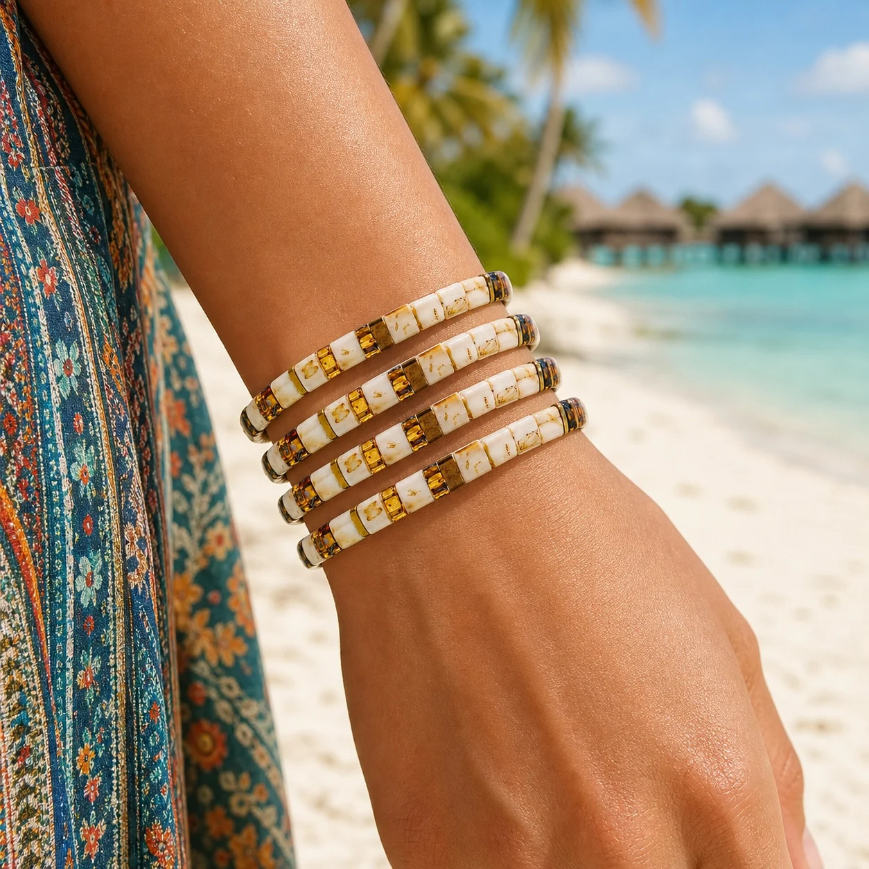 4pcs Geometric White Glass Tile Bead Strand Bracelet for Women Trendy Stackable Beaded Wrist Jewelry Beach Style