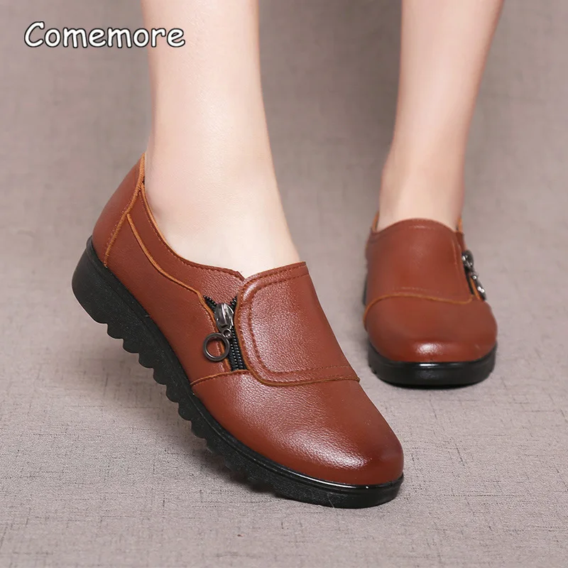 Comemore Elderly Mother Women Leather Elderly Shoe Women\'s Sneakers Platform Loafers Casual Comfortable Female 2023 Spring Shoes