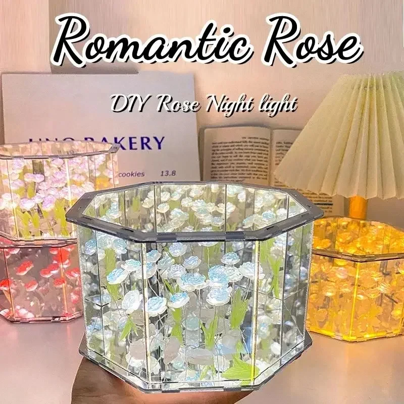 Creative Diy Tulip Mirror Cube Light Handmade Rose Mirror Night Light Bedroom Sleep Simulation Flower Octagon Night Light