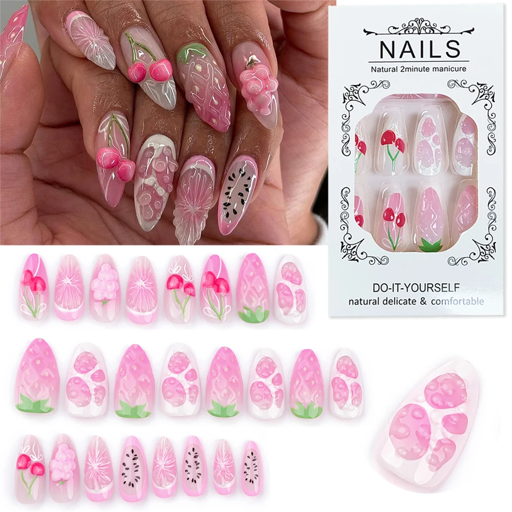 

24pcs Pink Strawberry Cherry Press On Nails 3D Jelly Grape Simple Almond Fake Nails Sweet Wearable Fresh Fruit False Nails+Tools