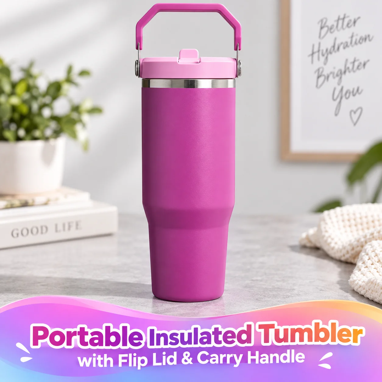 2.0 Flip Straw Tumbler 30 oz Dark Blossom, Flip Straw Lid with Leakproof Seal, Double Wall Vacuum Insulated Cup, Keeps Cold 12 Hours & Iced for 2 Days, With Carry Handle, Fits Car Cup Holder