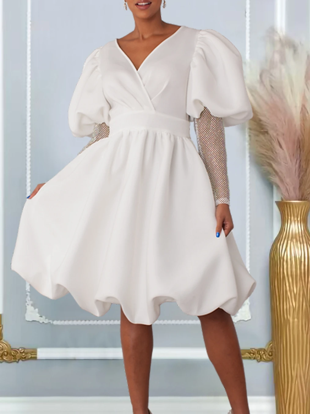 

Women Party Dress Lantern Sleeves Mesh Patchwork V Neck High Waist Knee Length A Line Wedding Guest Bridesmaid's Gown Spring New