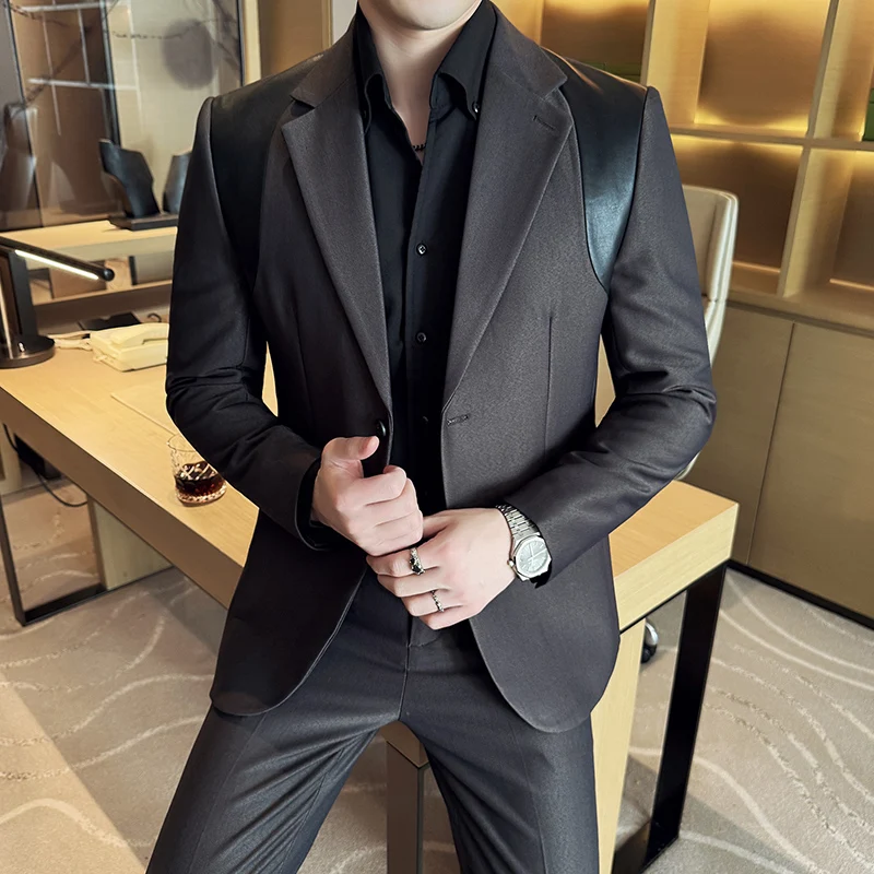 

2 Piece Wedding Suit Set PU Splicing Casual Business Formal Suit Jacket Trousers Office Work Party Prom Groom Dress Suits 2025