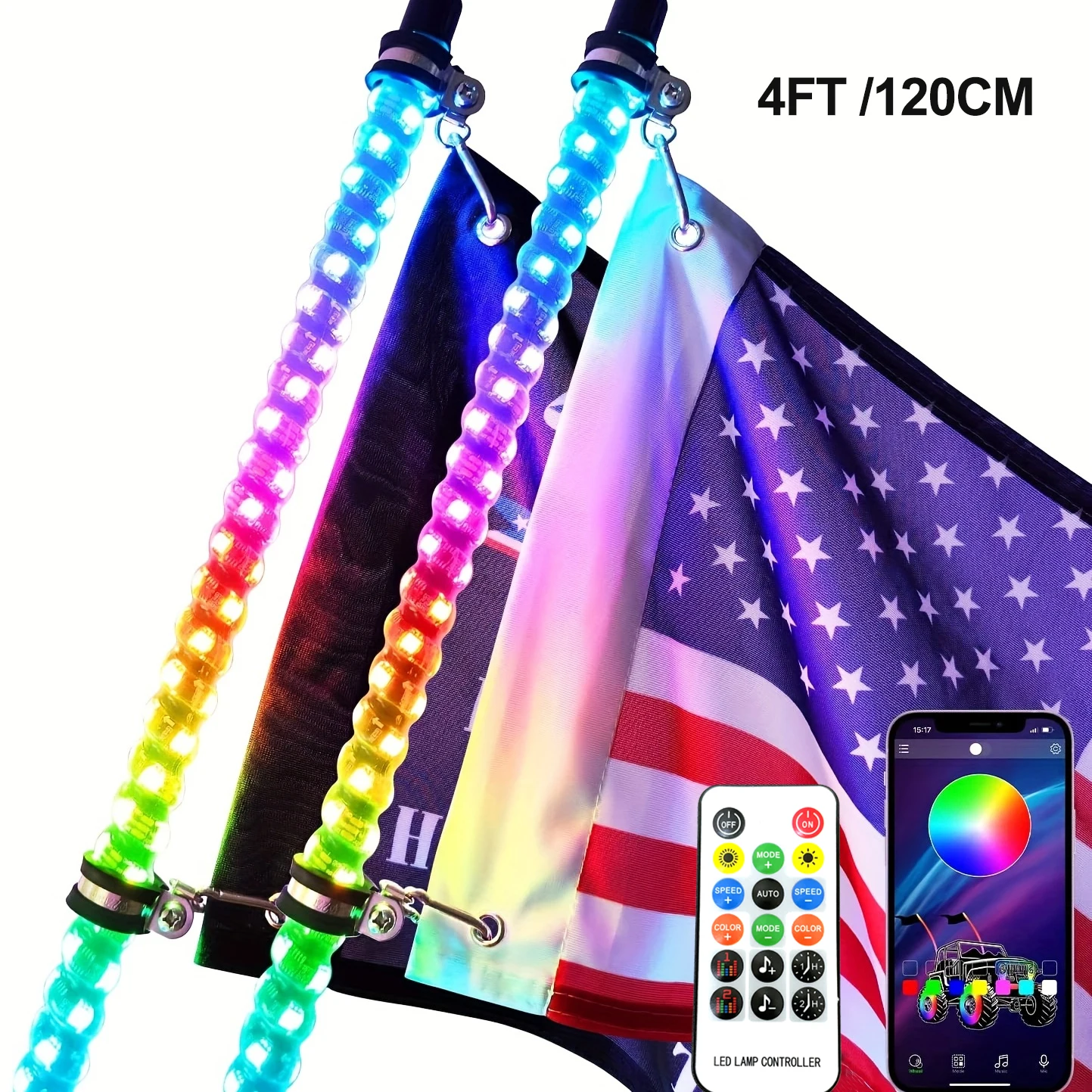 4ft LED Whip Lights with Bluetooth Remote Control Spiral RGB Chase Lamp Offroad 360°Spiraling Rising Dream Wrapped Dancing Whips