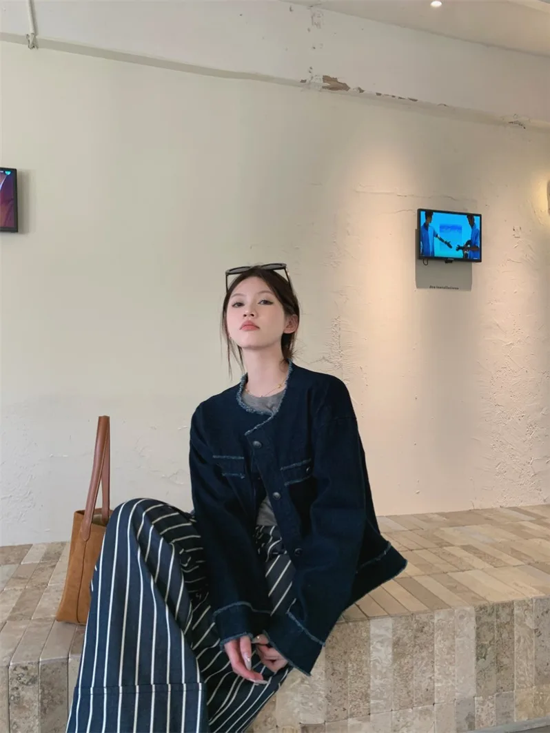 

Denim Coat Pink Flowers Womens Autumn Woolen Cozy Buttoned Appliques Patchwork Slim-Fit Leisure Notched Temperament Jackets Ins