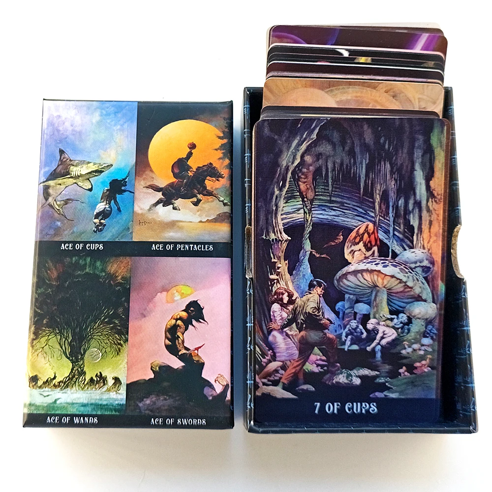 Gedrukt op 350GSM dubbelreliëf karton 12 * 7 cm Frazetta Fantasy Tarot in stijve doos 80 stuks kaarten gewijd aan Frank Frazetta