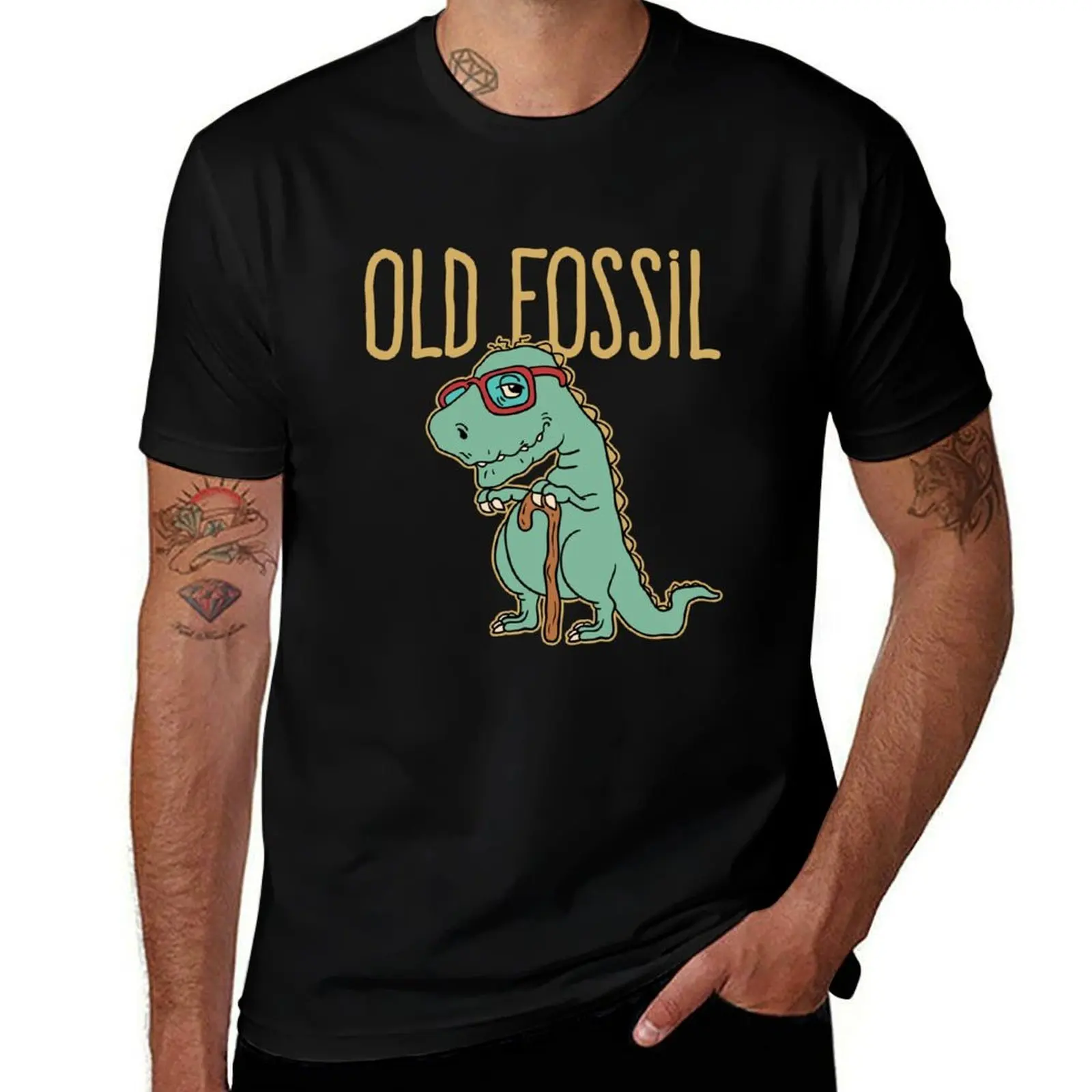 

Old Fossil Dinosaur With Cane T-Shirt quick drying hippie clothes cotton man t-shirts t shirt for men