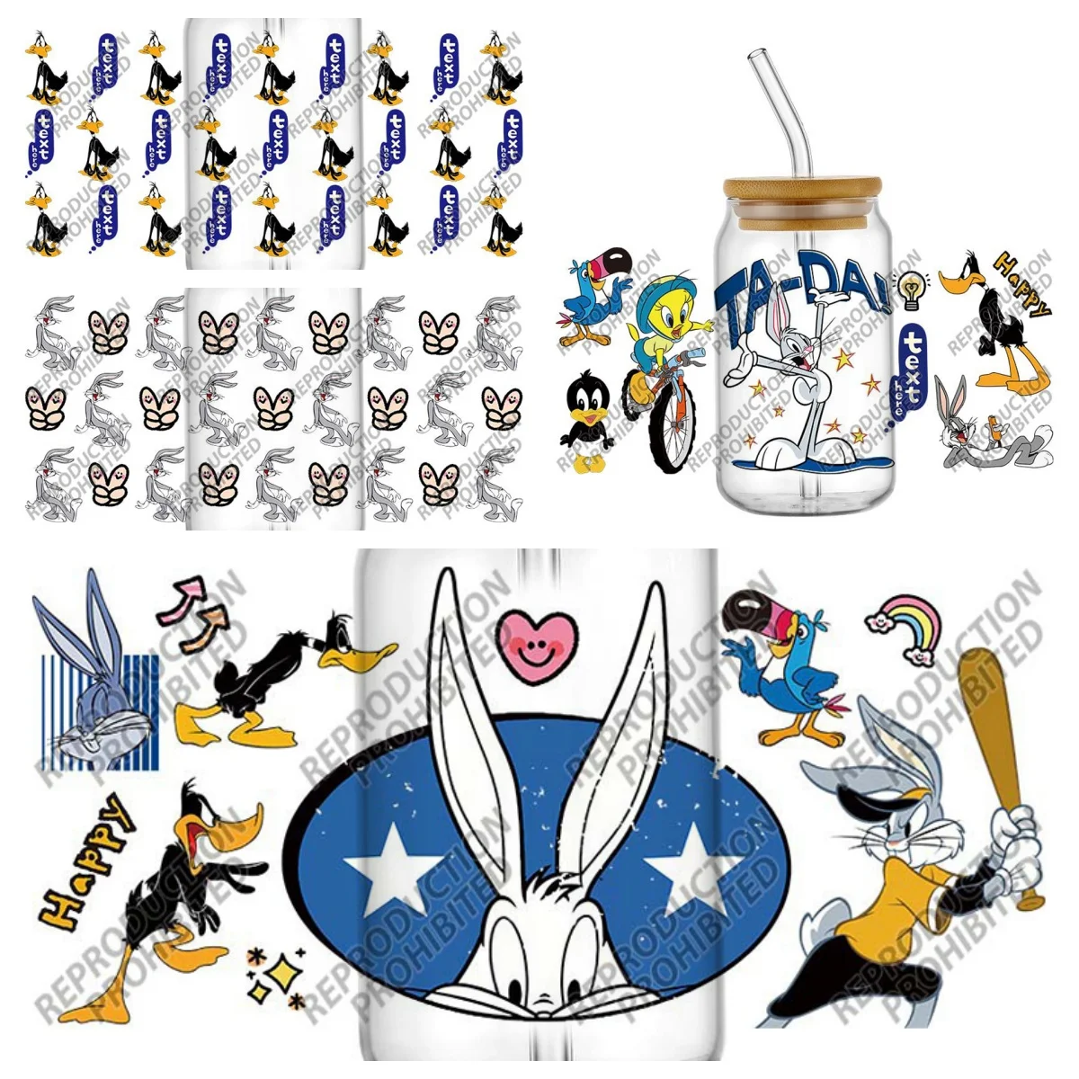 Alta Calidad ‌ Pegatina 3D divertida de Bugs Bunny para transferencia, para latas Libbey de 16 oz, DIY, para teléfono, taza, lavable, de dibujos animados, UV DTF, para envolver tazas
