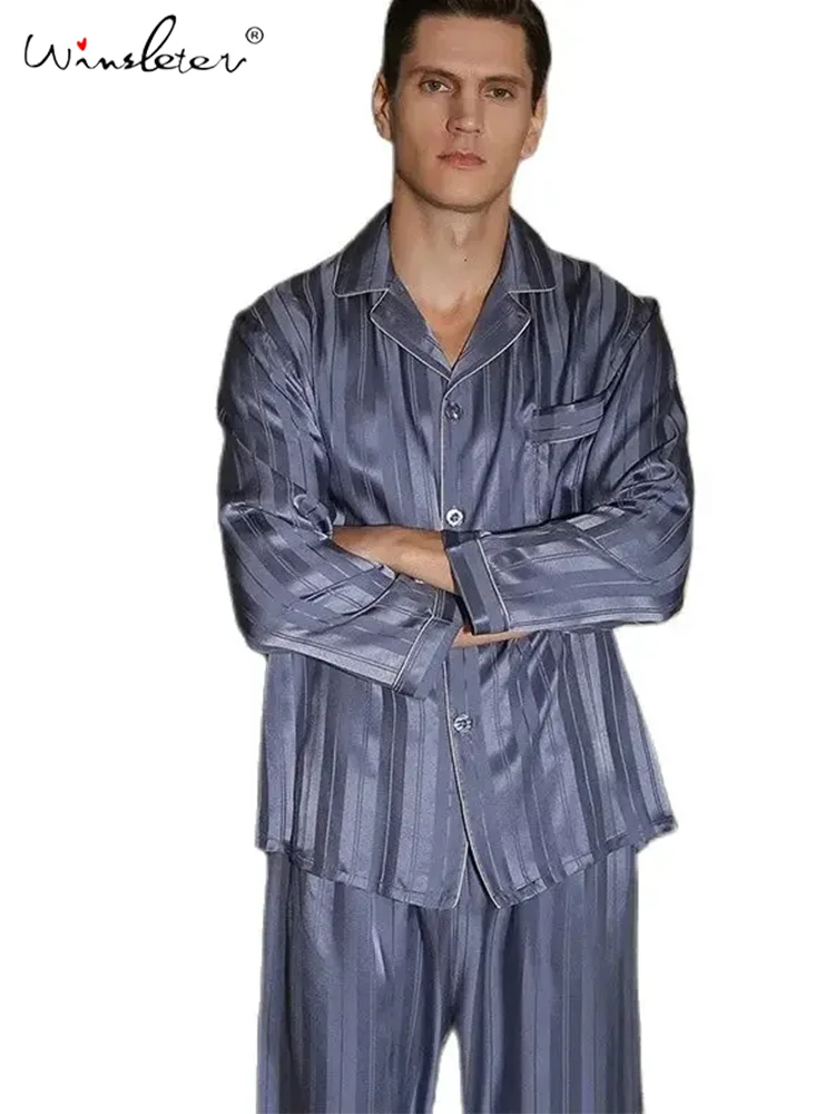 

2024 Spring New Men Homewear,100%Real Silk Pajamas Sets,Casual Striped Long Sleeve Loungewear Pant,2Piece Sleepwear,S3N845QM