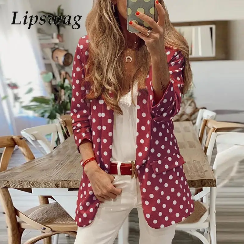 

Polka Dot Office Ladies Slim Jacket 2024 Elegant Turn Down Collar Autumn Winter Coats Women Fashion Long Sleeve Pockets Outwear