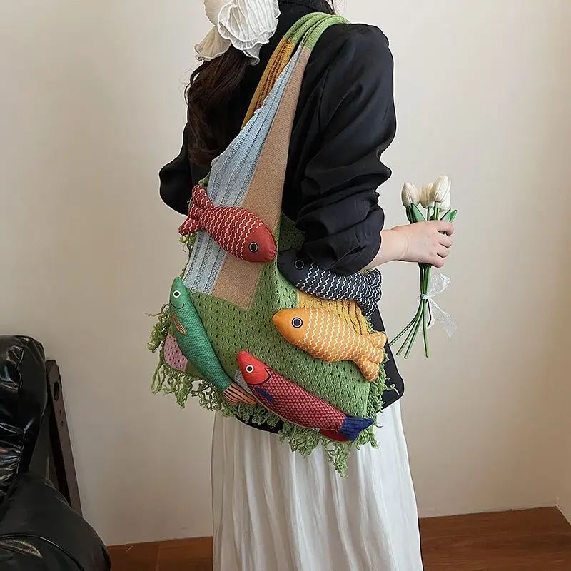 Small fish knitted storage bag fashionable fringed splicing large capacity satchel women's bag