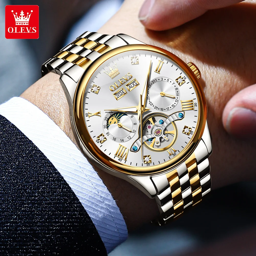 OLEVS 7023 Skelett-automatische mechanische Uhr für Herren, multifunktionaler Mondphasenkalender, wasserdicht, ausgehöhlt, luxuriöse Herrenuhr