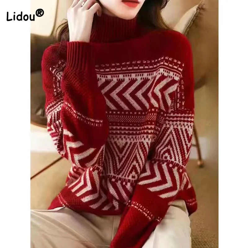 Sweater lengan panjang Jacquard, baju rajut bawah Jacquard Vintage merah wanita musim gugur dan musim dingin mode baru leher tinggi Pullover longgar