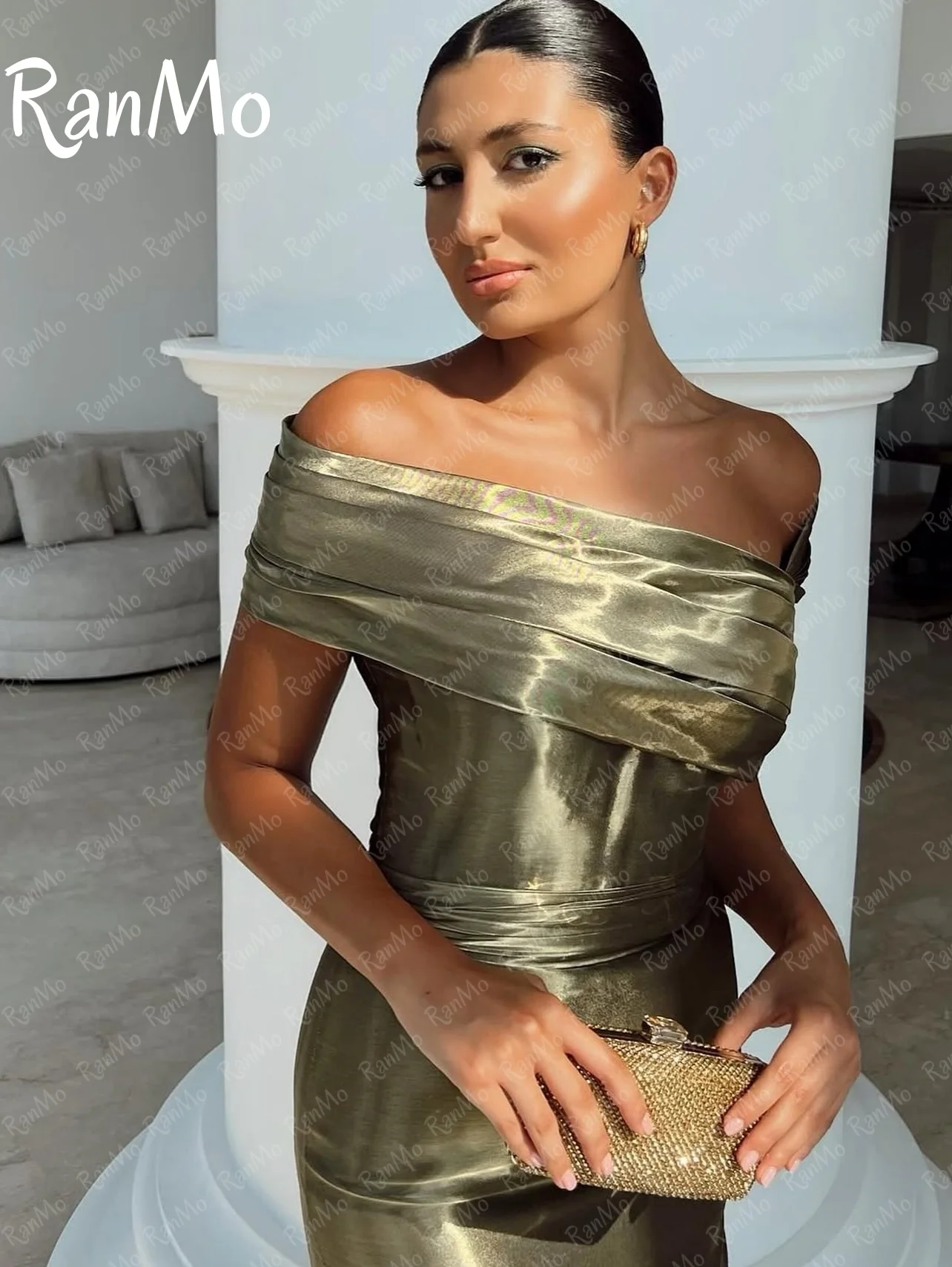 란모 우아한 오프숄더 여성 이브닝 드레스 2025 그린 하이 슬릿 주름 장식 이브닝 드레스 플리츠 프롬 정장 파티 가운