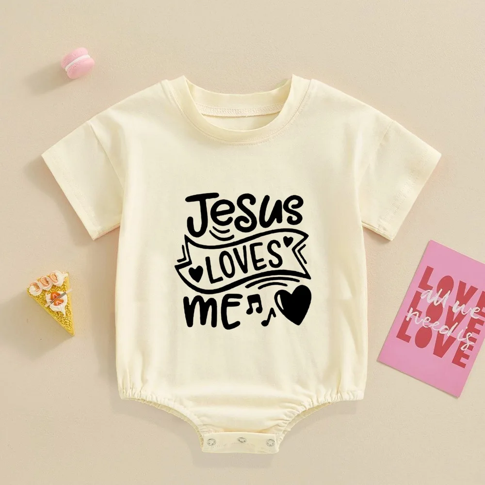 Infant's Jesus Love Me Letter Print Bubble Bodysuit Casual Short Sleeve Romper Comfy Soft Jumpsuit Baby Boys Girls Clothing