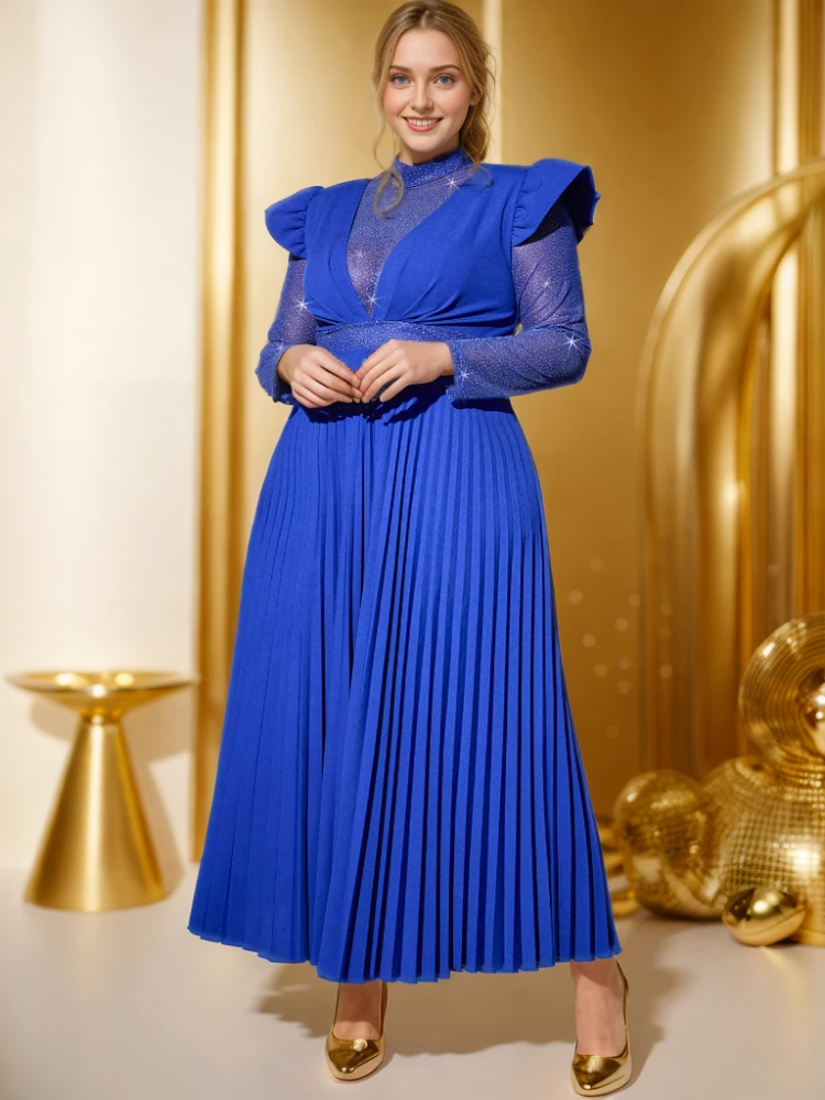 ONTINVA Women Blue Maix Evening Party Dress High Neck See Through Sheer Mesh Patchwork Long Sleeve Empire Pleated Gown Plus Size