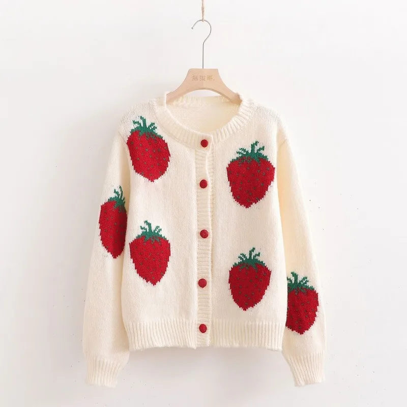 

Sweet Aged Strawberry Embroidered Sweater Coat Women Winter 2023 Vintage O Neck Contrast Knitted Cardigan Sweater Female Tops