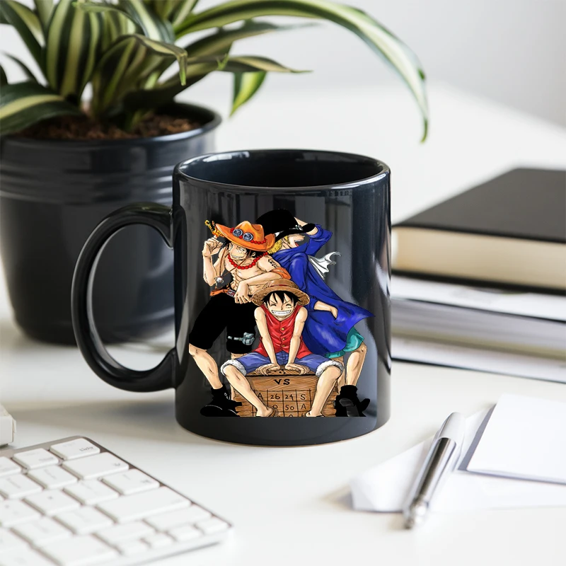 11oz Anime ONE PIECE Creative Cartoon Luffy Ceramic Mug ACE Sabo High-value Cute Kawaii Office Coffee Milk Tea Cup Gift Male