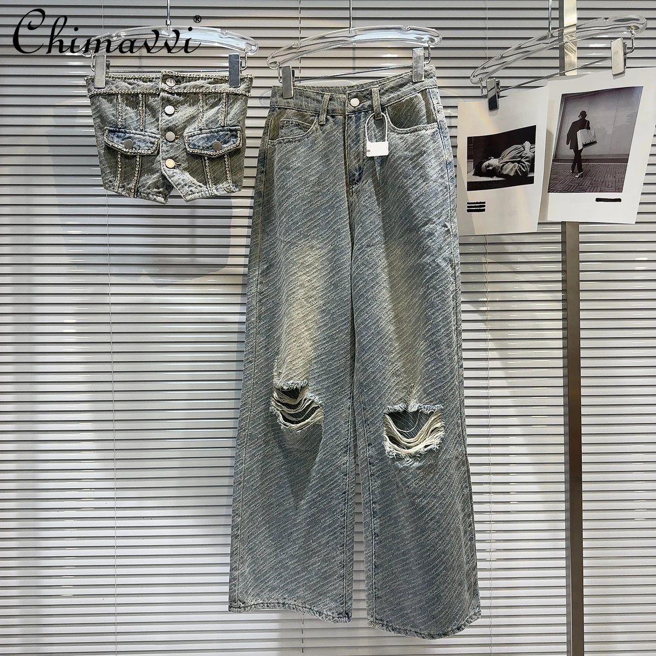 

Summer Outfits 2024 New Sexy Cool Rhinestone Chain Denim Tube Top Ripped Wide-Legged Jeans Two-Piece Set Women's Pants Sets