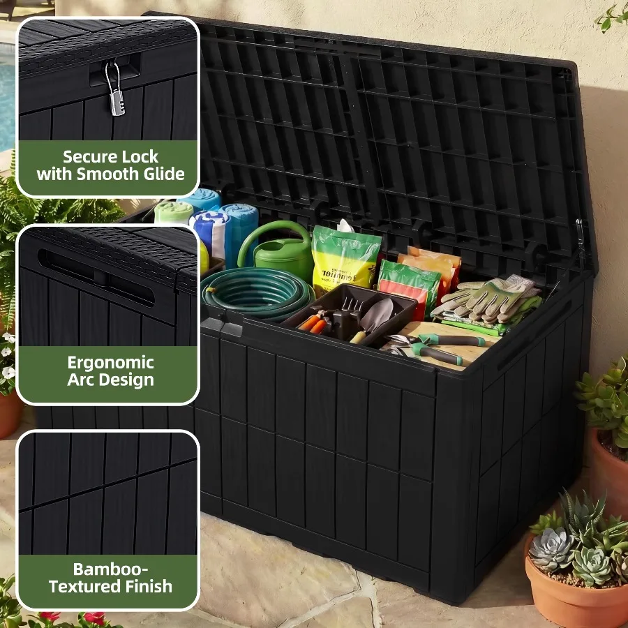 Uforic 110 Gallon Waterproof Outdoor Deck Box, Lockable Resin Storage Box, 2 Person Patio Storage Bench Cushions Garden Tools view 4