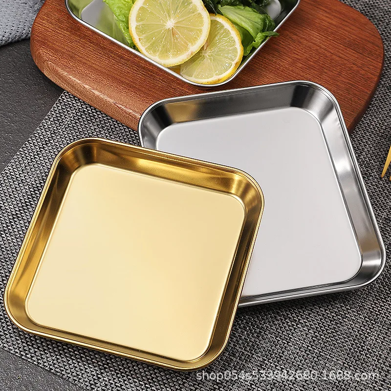 Thickened BBQ square 304 stainless steel plate, Korean-style golden commercial flat-bottomed dish barbecue tableware plate