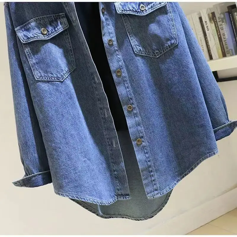 Thin Retro Summer Denim Shirt For Women 2024 Spring  Autumn New Versatile Long Sleeved Loose Denim Jacket Top Female