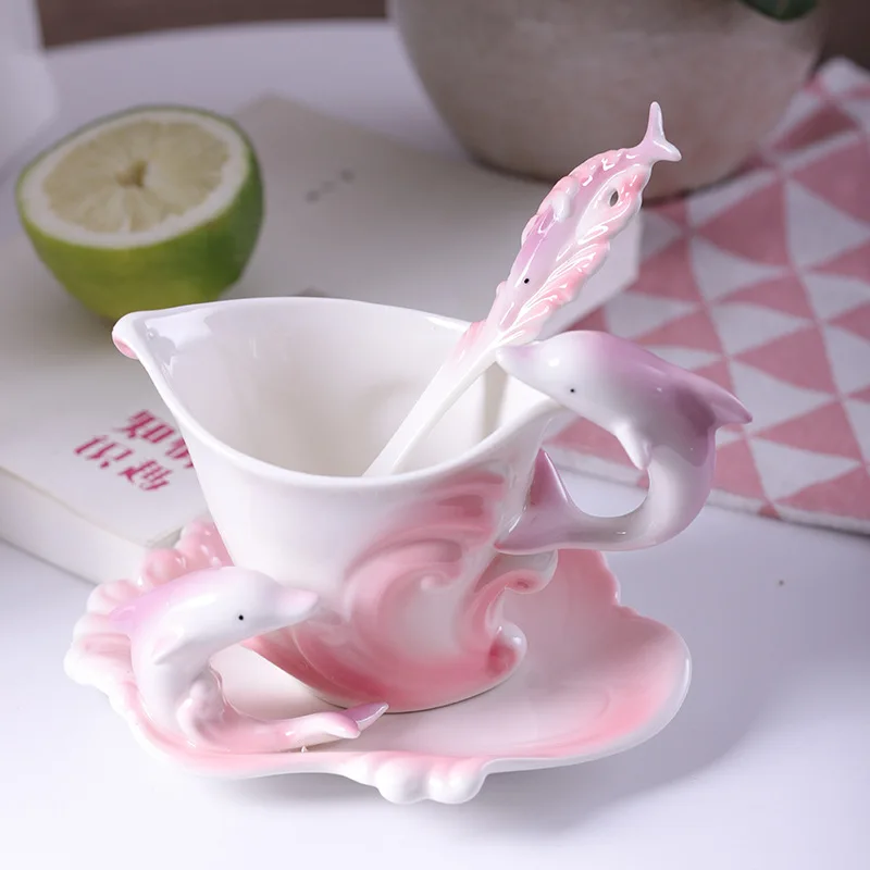 Ceramic Mug with Saucer and Spoon, Porcelain Coffee Mug with Handle, Dolphin Sea Wave, Cappuccino Latte