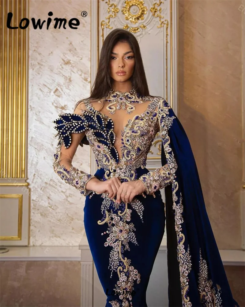 Dubai Luxury Crystals Mermaid Evening Dresses Long Cape Sleeve Prom Gowns Arabic Custom Made Beaded Party Dress For Wedding 2023