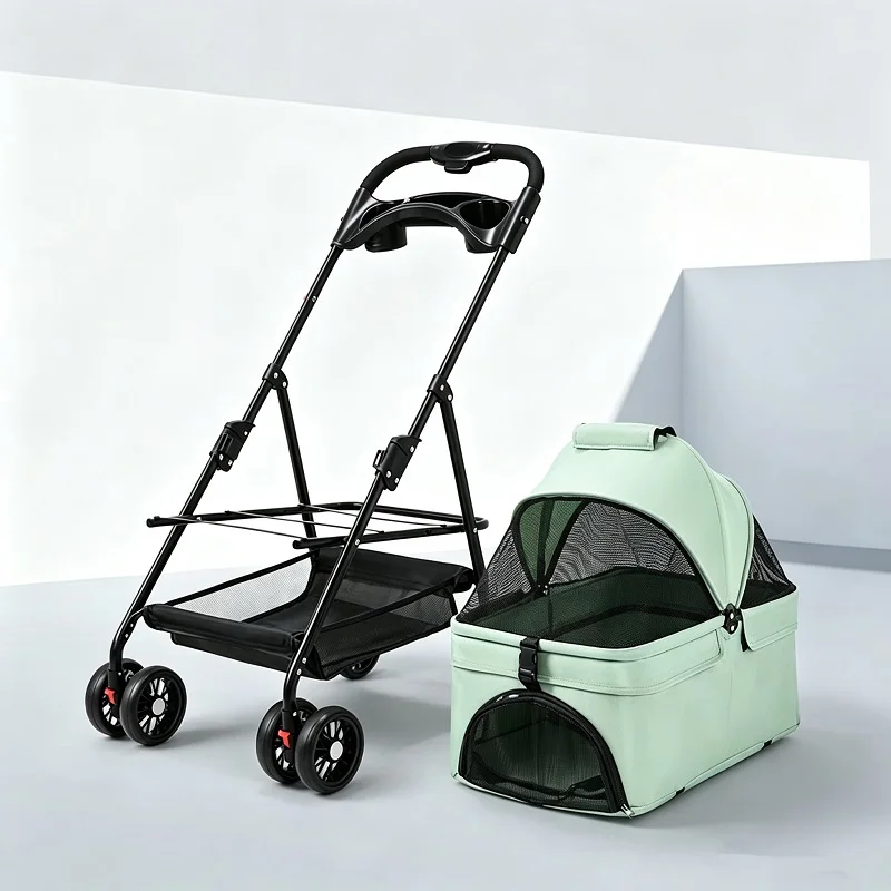 Faltbarer Haustierkinderwagen, 4 Räder mit 360° ° Mit Bremse, mit Aufbewahrungskorb und Getränkehalter, leichter Reise-Kinderwagen für kleine und mittelgroße Hunde und Katzen, in den Farben Grau/Schwarz/Blau/Rosa/Grün. – Detail 4