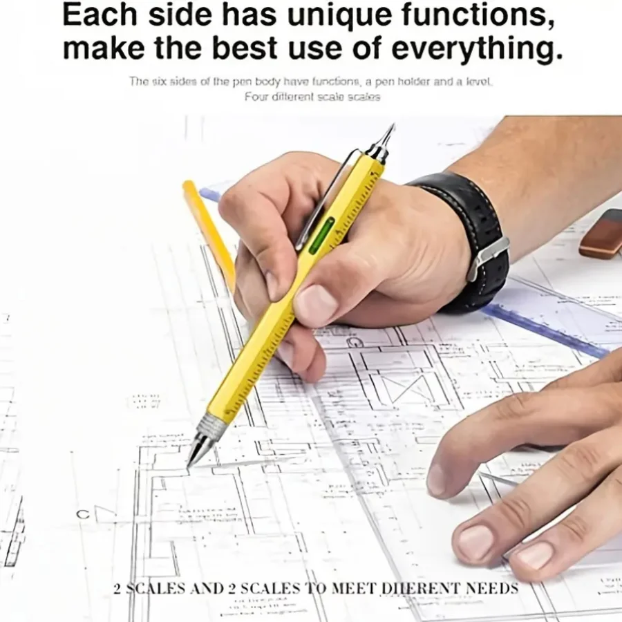 أداة بناء قلم متعدد المهام 6 في 1، قلم أداة هدية، قلم متعدد التقنية مع قلم حبر جاف، مسطرة، قلم، مستوى، مفك براغي #1