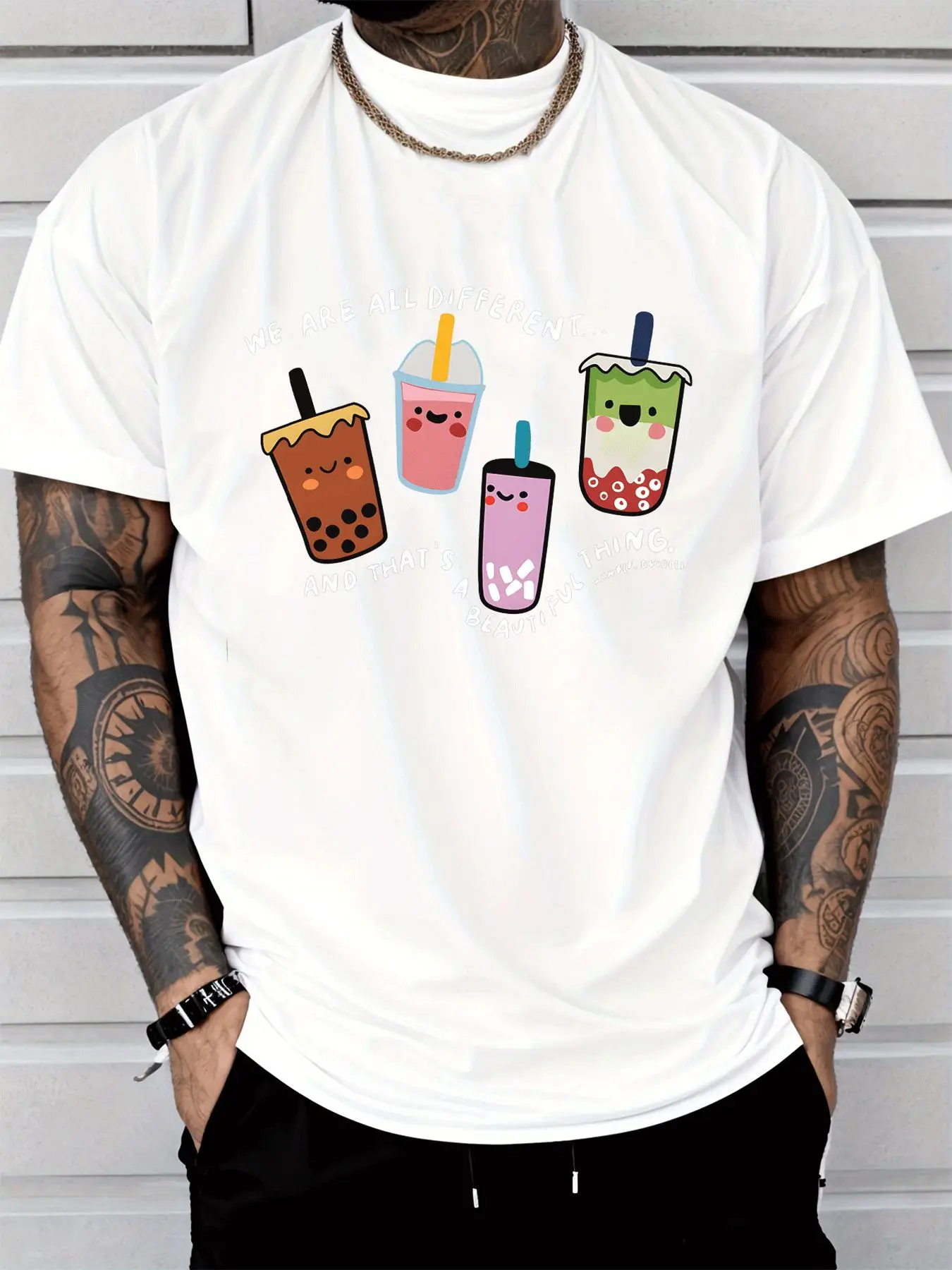 Men Red Crew Neck Tee Kawaii Multicolor Boba Tea Cups We Are All Different Positive Slogan Bubble Tea Lover Casual Cotton Tops