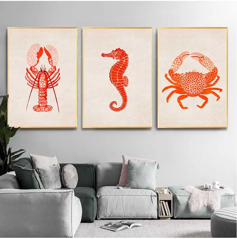 1pc frameless Canvas Painting Vintage Sea Food Lobster Sea Horse Crab Picture Print Canvas Painting Minimalist Wall Art For Kitc