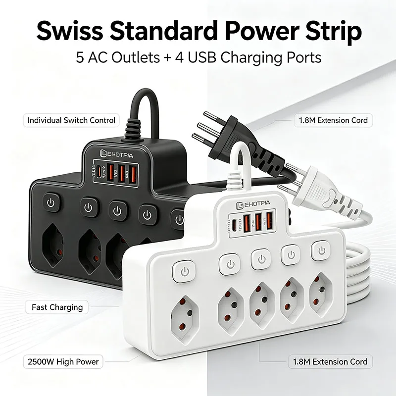 Swiss Power Strip 5 AC Outlets Independent Switch 3 USB‑A + Type‑C Charging Port 1.8M Cable 2500W 10A CH Swiss Type‑J Standard
