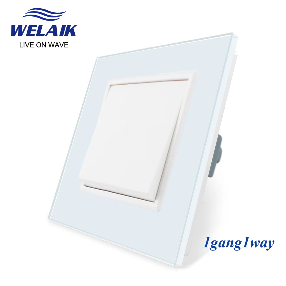 WELAIK EU 1Gang 1Way Push Button Switch of Wall Light Switch Black White Crystal Glass Panel AC 110-250V 1Gang 1Way A1711W