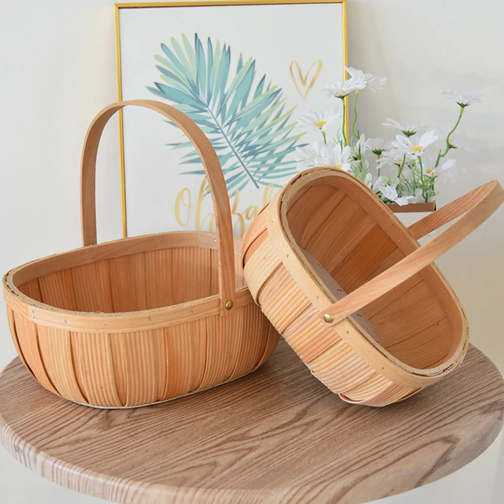 

2Pcs Hand Woven Wooden Basket Multiuse Fruit Vegetable Storage Organizer for Kitchen Home Harvest Basket