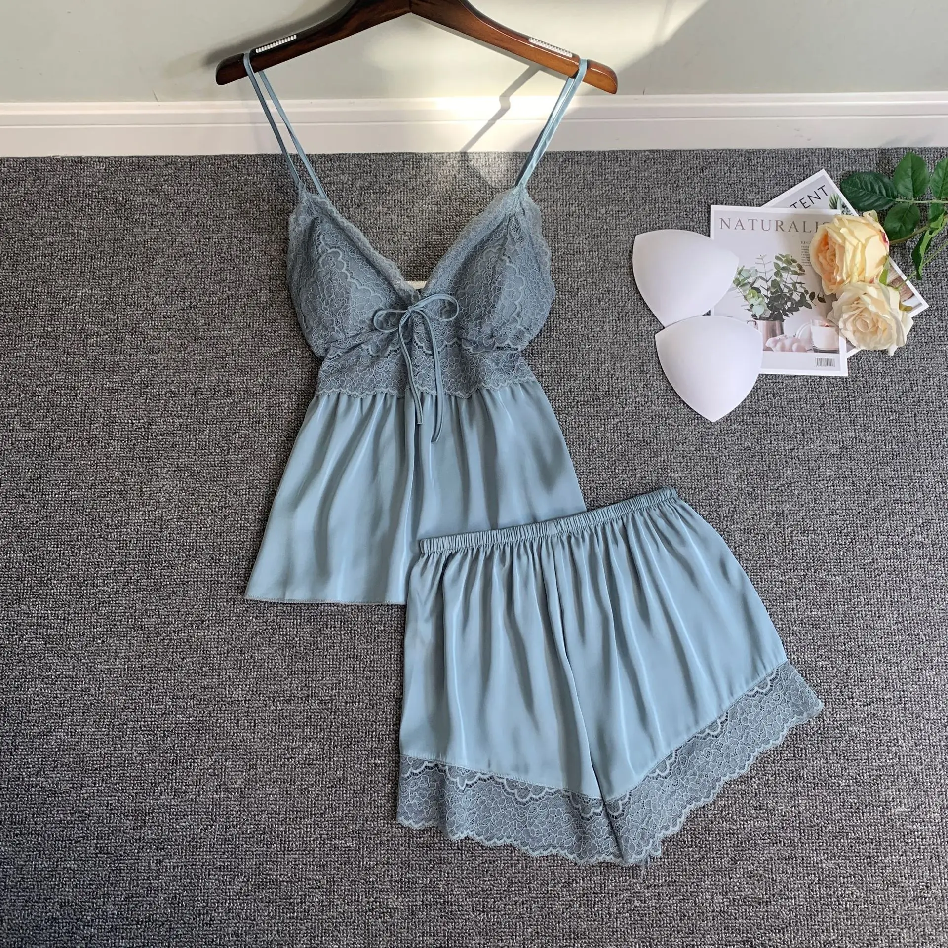 Women Pajamas Suit With Bow Sexy Lace Strap Top&Shorts Summer Sleeveless 2PCS Sleepwear Female Sleep Set Casual Home Clothes