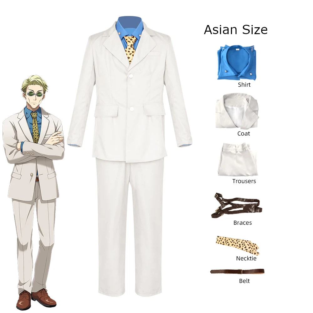 Kento Nanami Cosplay Costume Jujutsu Kaisen Men's White Business Suit Blue Shirt Leopard Tie Anime Outfit Convention Party view 6