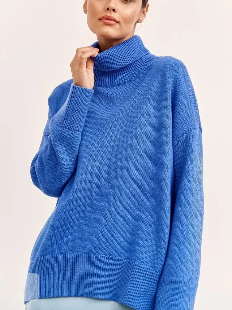 Fashion Women\'s Turtleneck Autumn Winter New Knit Pullover Sweaters Oversized Jumper Loose Casual Solid Blue Green Sweater Woman