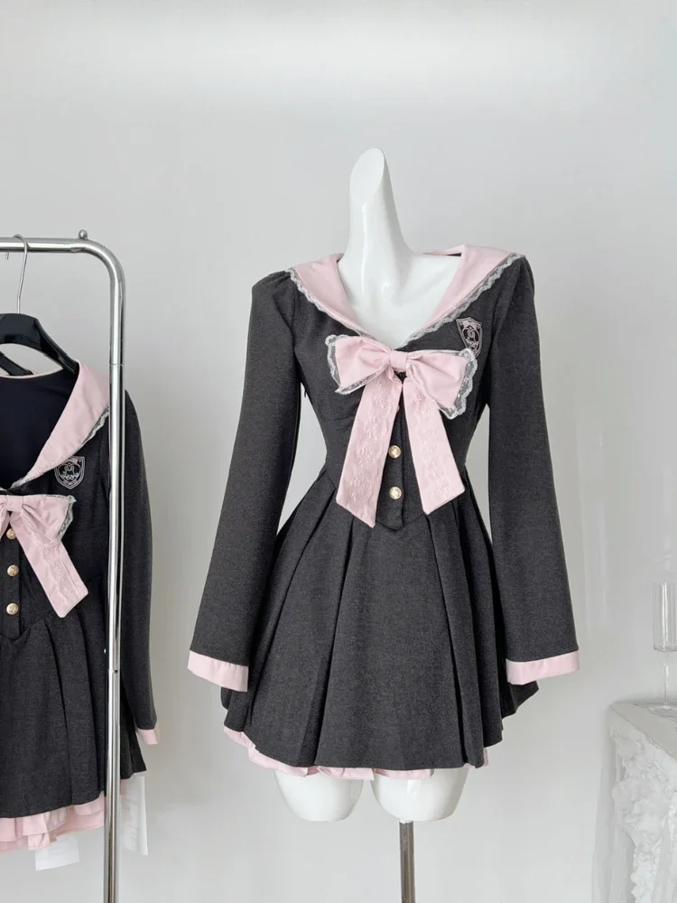 

Women College Preppy Mini Sailor Collar Dress Korean Shoujo Girl Frock Long Sleeve One-Piece 2000s Sweet Japanese Y2k Bow JK New