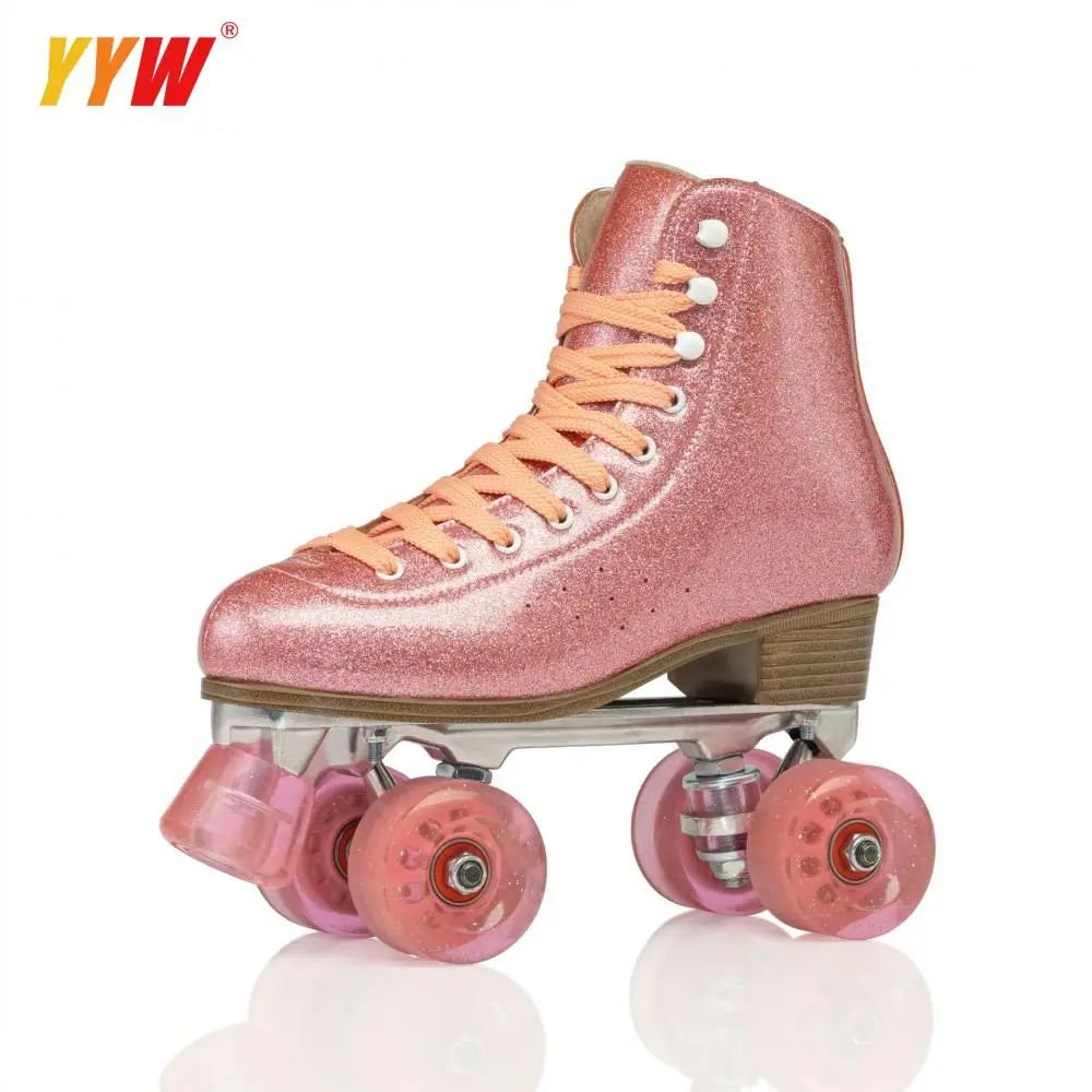 Patins à roulettes en PU pour femmes et adultes, chaussures à 4 roues, roues roses, doubles, pliables