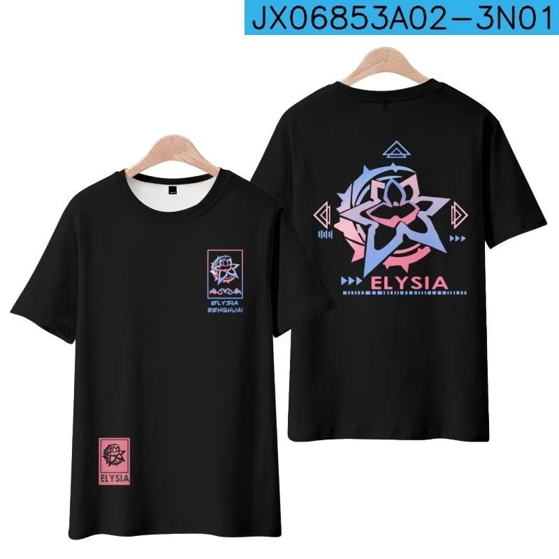 Camiseta con estampado 3D de Honkai Impact 3 Elysia, moda de verano, cuello redondo, manga corta, juego Popular, ropa de calle de talla grande